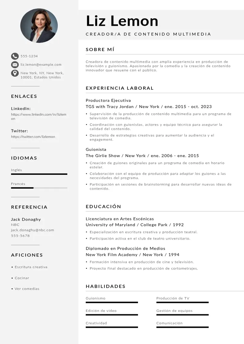 two column creadora-de-contenido-multimedia resume example