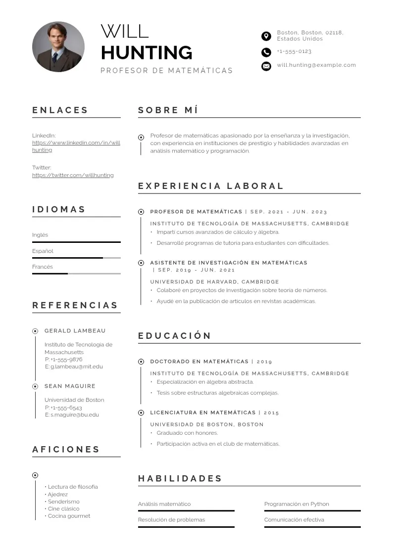 two column cv-profesor-de-matematicas resume example