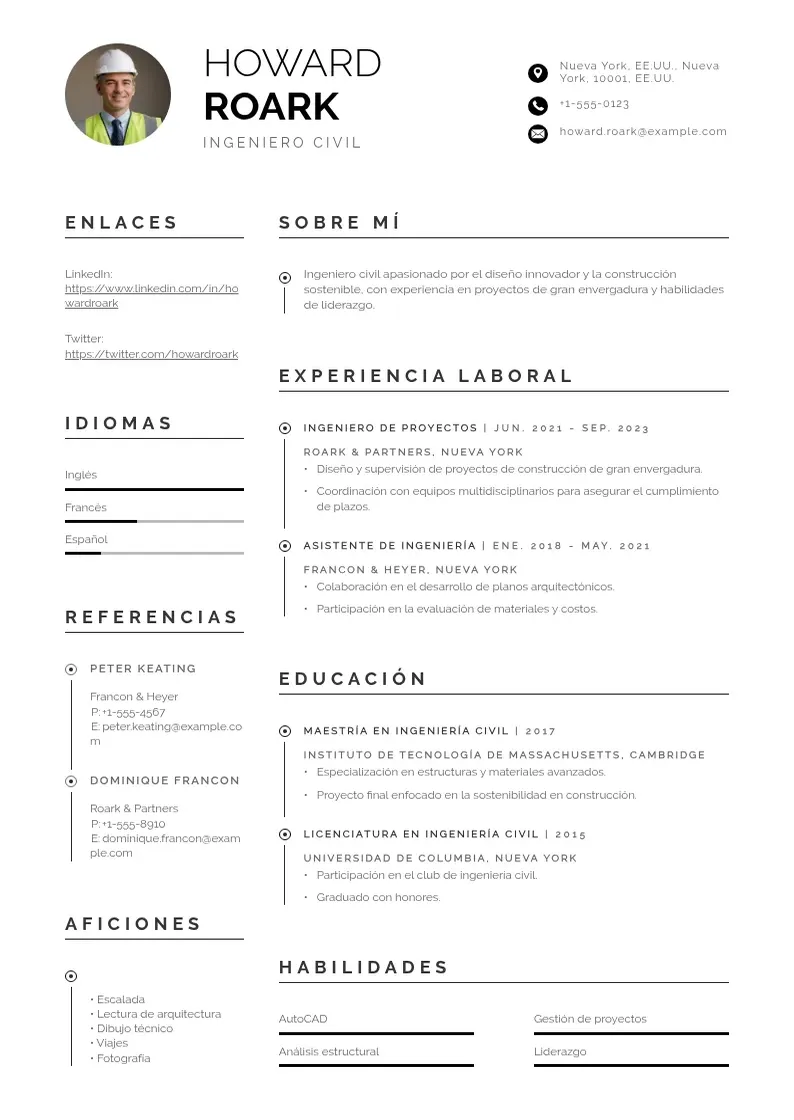 two column cv-ingeniero-civil resume example