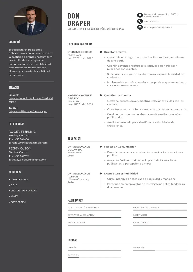 two column especialista-en-relaciones-publicas-nocturnas resume example