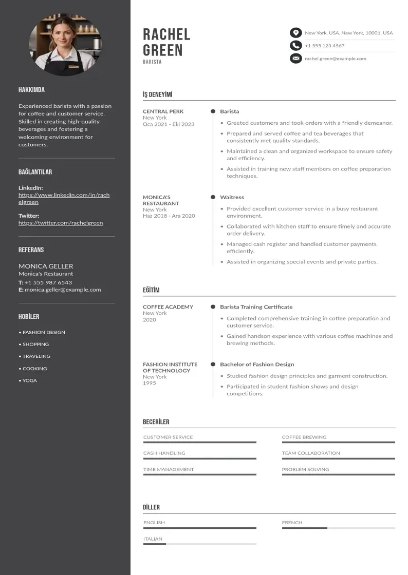 Divu kolonnu Barista CV piemērs