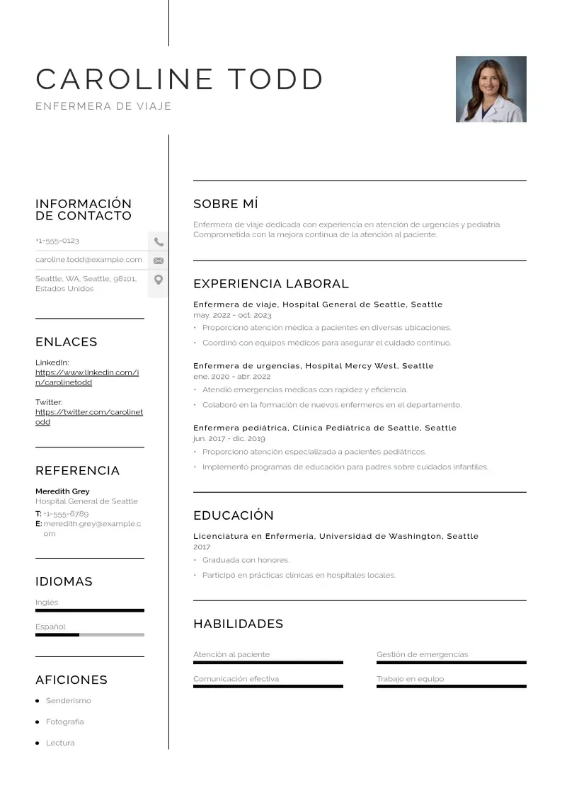 two column cv-enfermera-de-viaje resume example