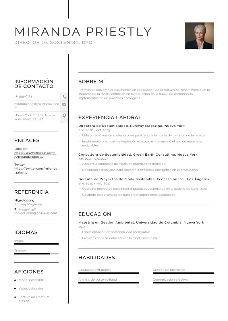 two column director-de-sostenibilidad resume example