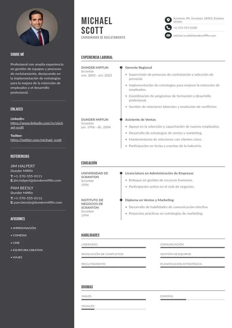 two column coordinador-de-reclutamiento resume example