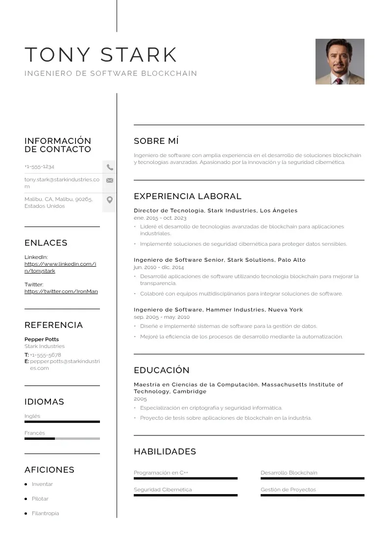 two column ingeniero-de-software-blockchain resume example