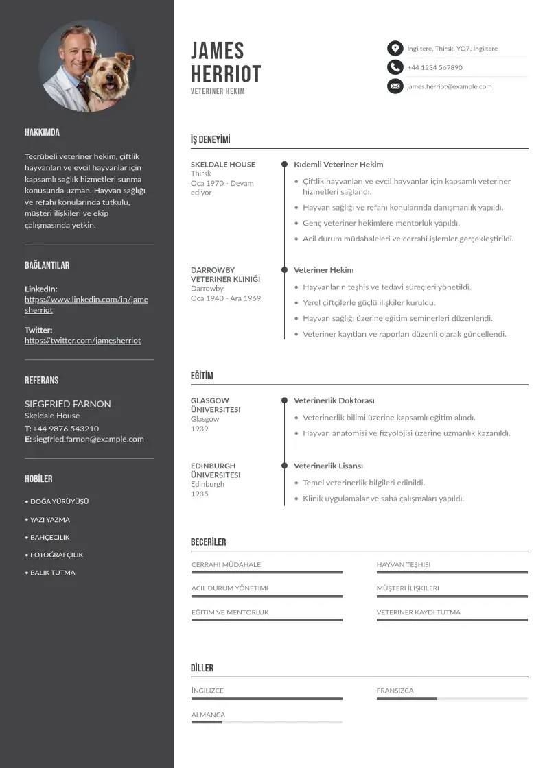 Divu kolonnu Veteriner hekim CV piemērs