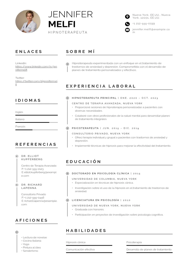 two column hipnoterapeuta resume example