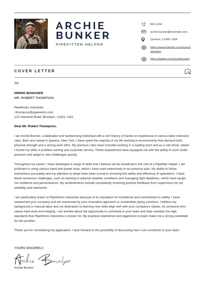 basic Pipefitter Helper  cover letter example