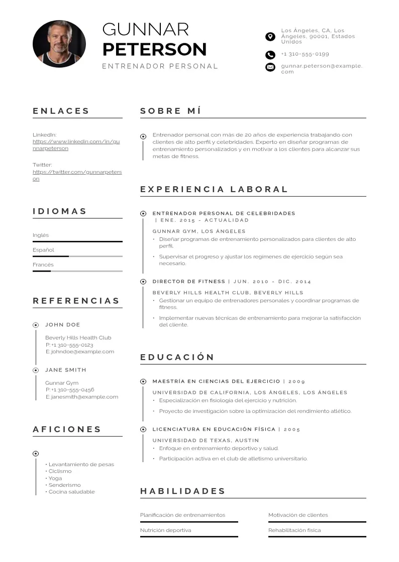 two column cv-entrenador-personal resume example