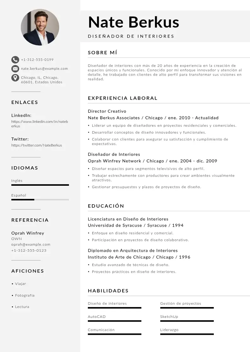 two column cv-disenador-de-interiores resume example