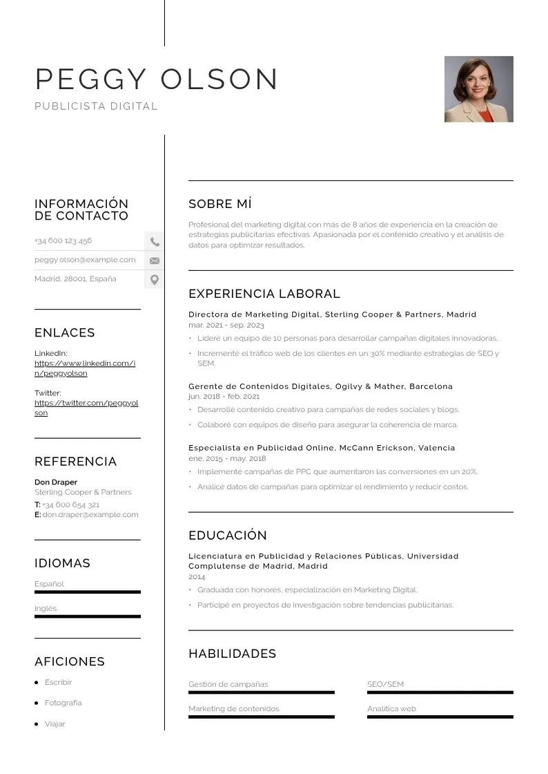 two column publicista-digital resume example
