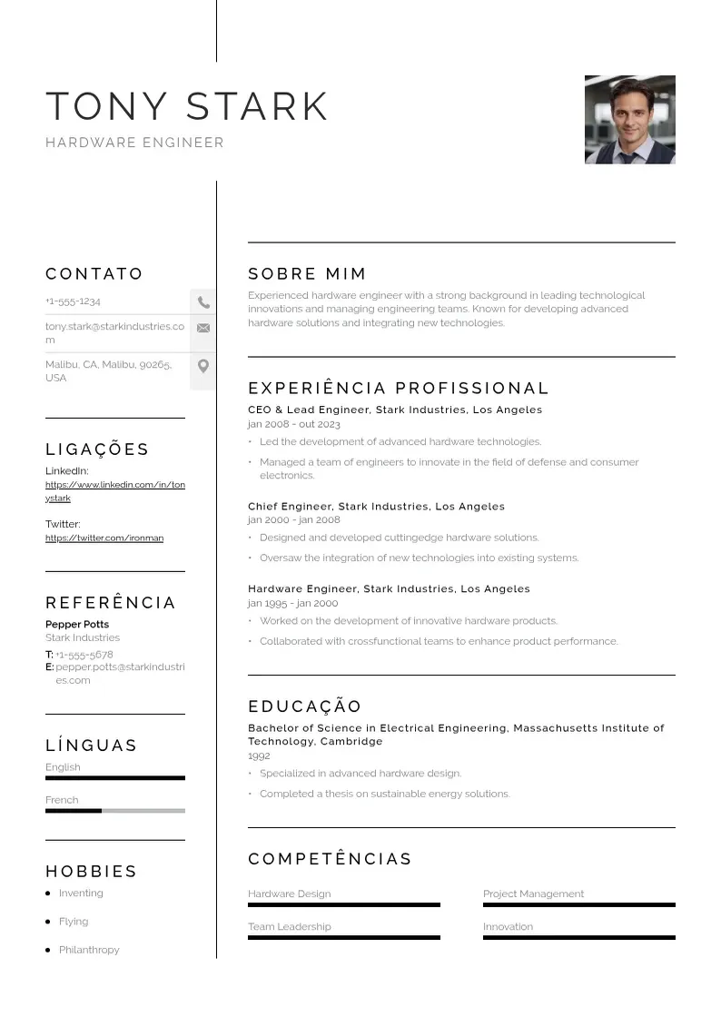Exemplo de currículo simples de De engenheiro de hardware