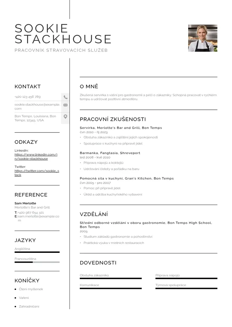 Vienkārša Pracovnik stravovacich sluzeb zivotopis CV piemērs