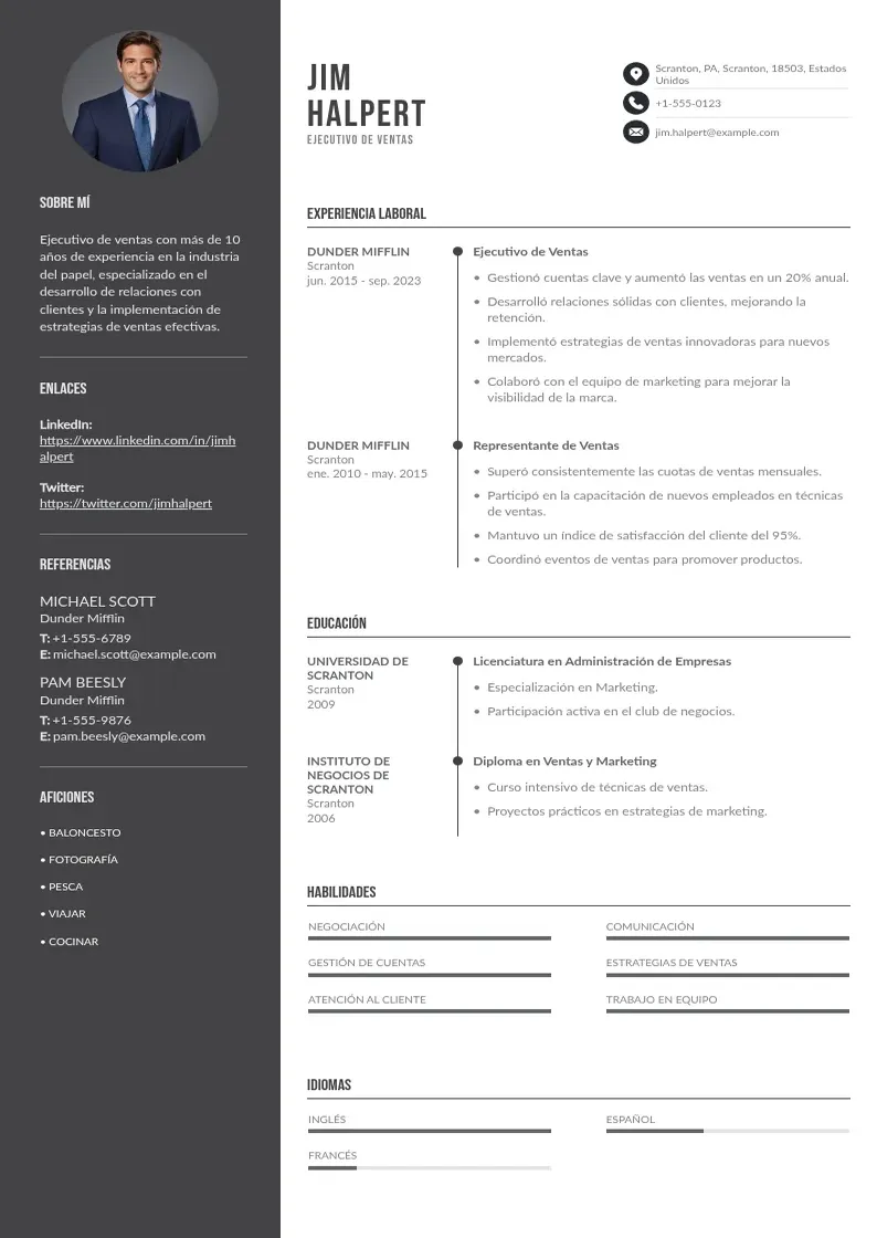 two column cv-ejecutivo-de-ventas resume example