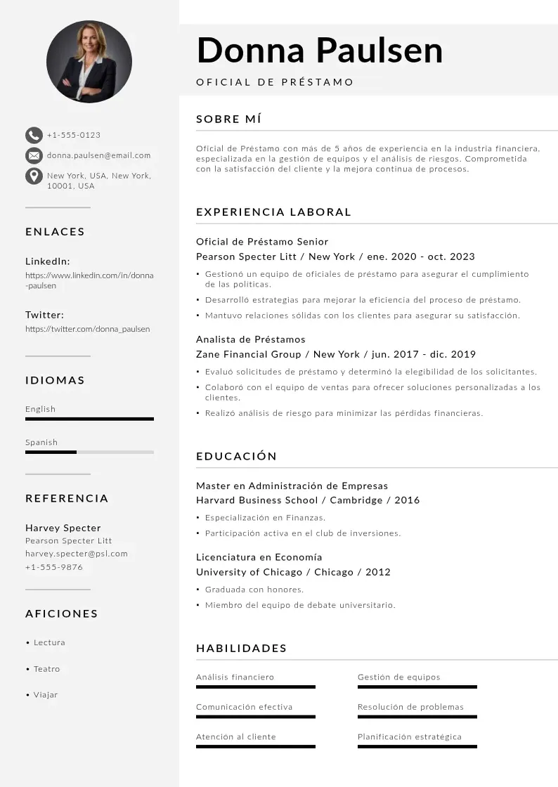 two column cv-oficial-de-prestamo resume example