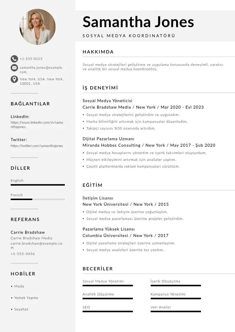 Mūsdienīga Sosyal Medya Koordinatörü  CV veidne