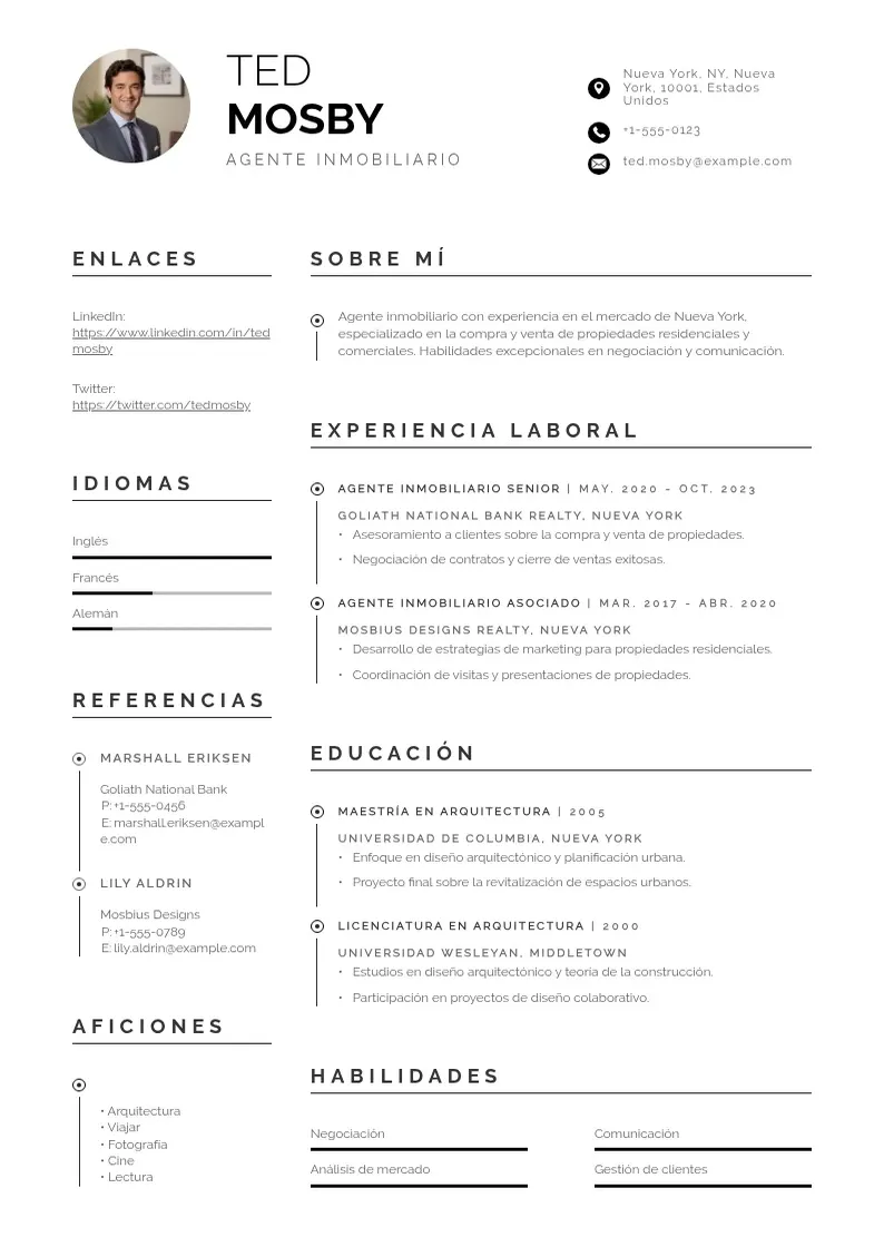 two column agente-inmobiliario resume example