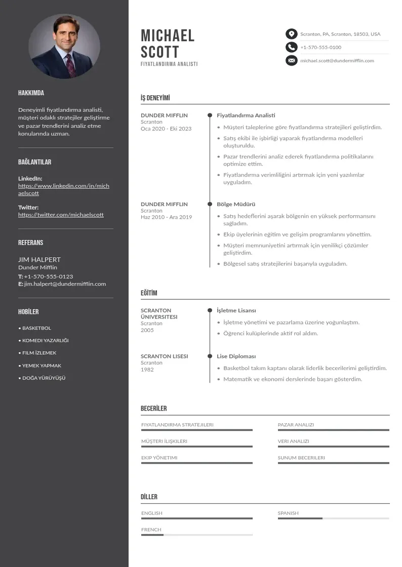 Divu kolonnu Fiyatlandırma Analisti  CV piemērs