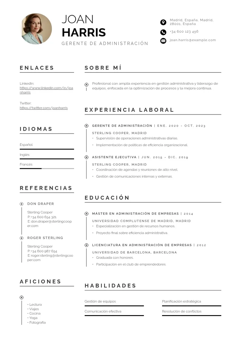 two column gerente-de-administracion resume example