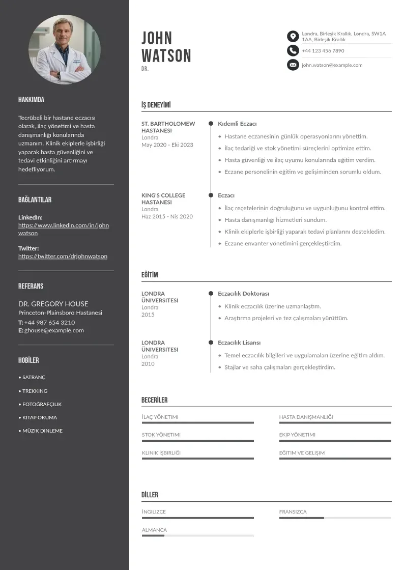 Divu kolonnu Hastane Eczacısı  CV piemērs
