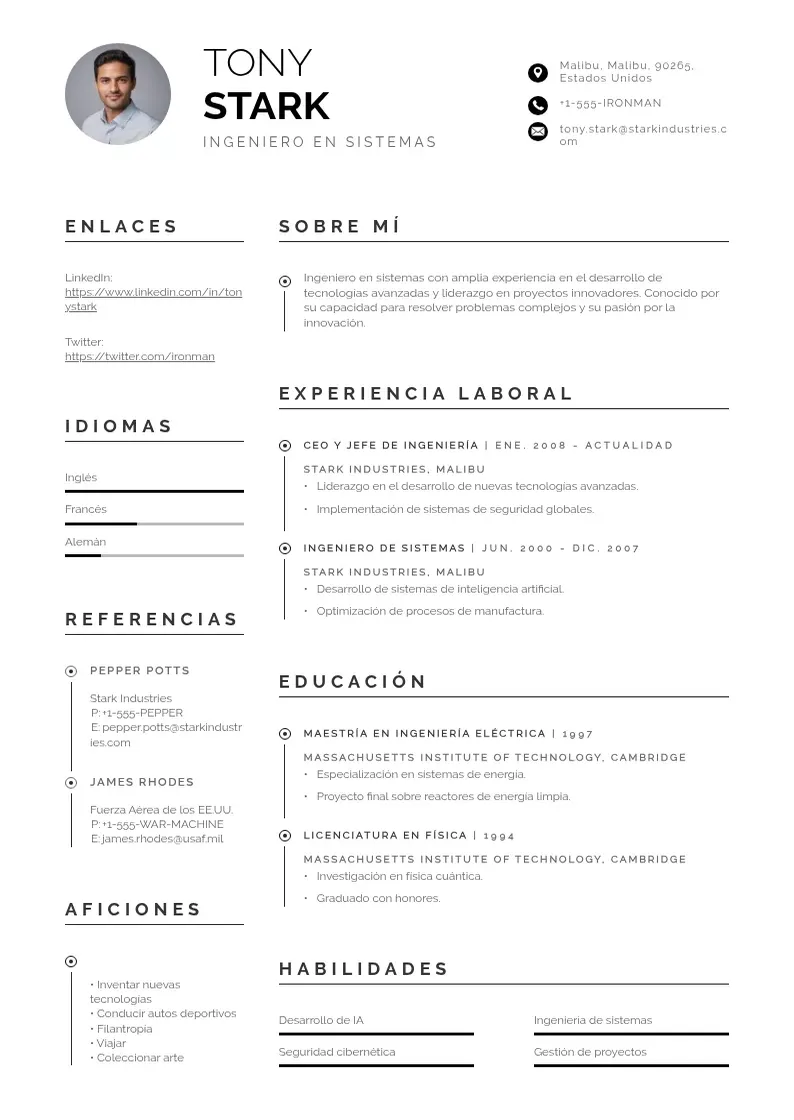 two column ingeniero-en-sistemas resume example