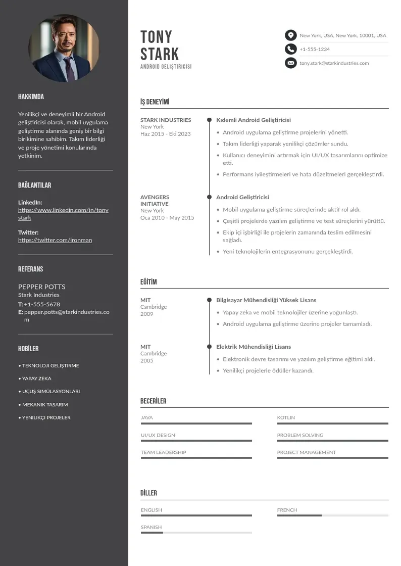 Divu kolonnu Android geliştiricisi  CV piemērs