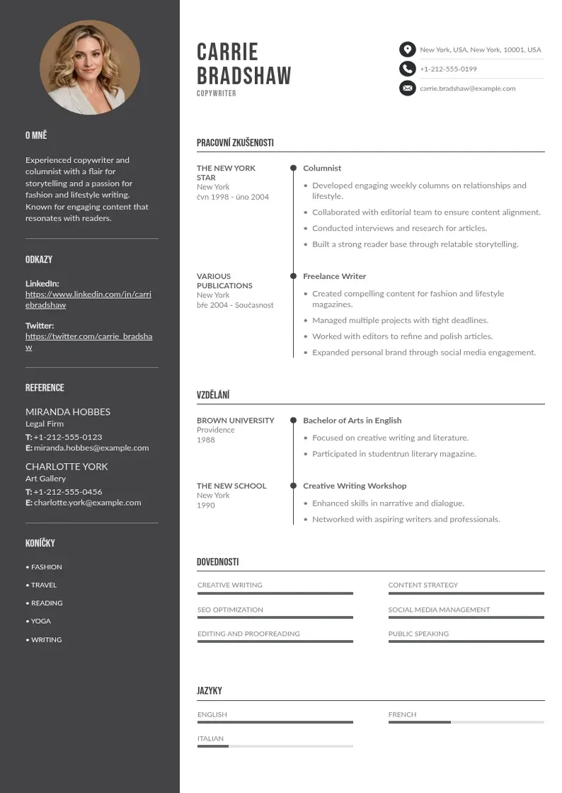 Divu kolonnu Zivotopis copywriter CV piemērs