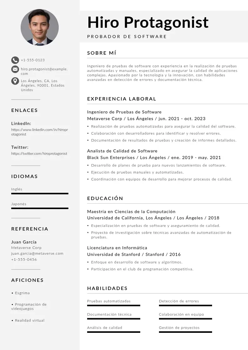 two column cv-probador-de-software resume example