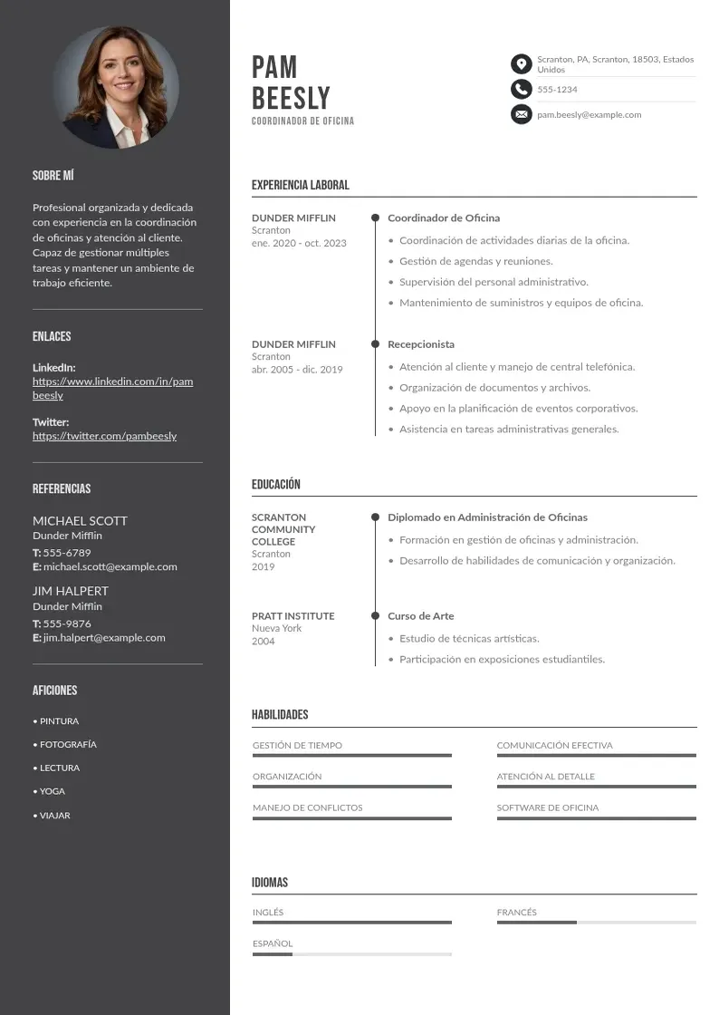 two column coordinador-de-oficina resume example