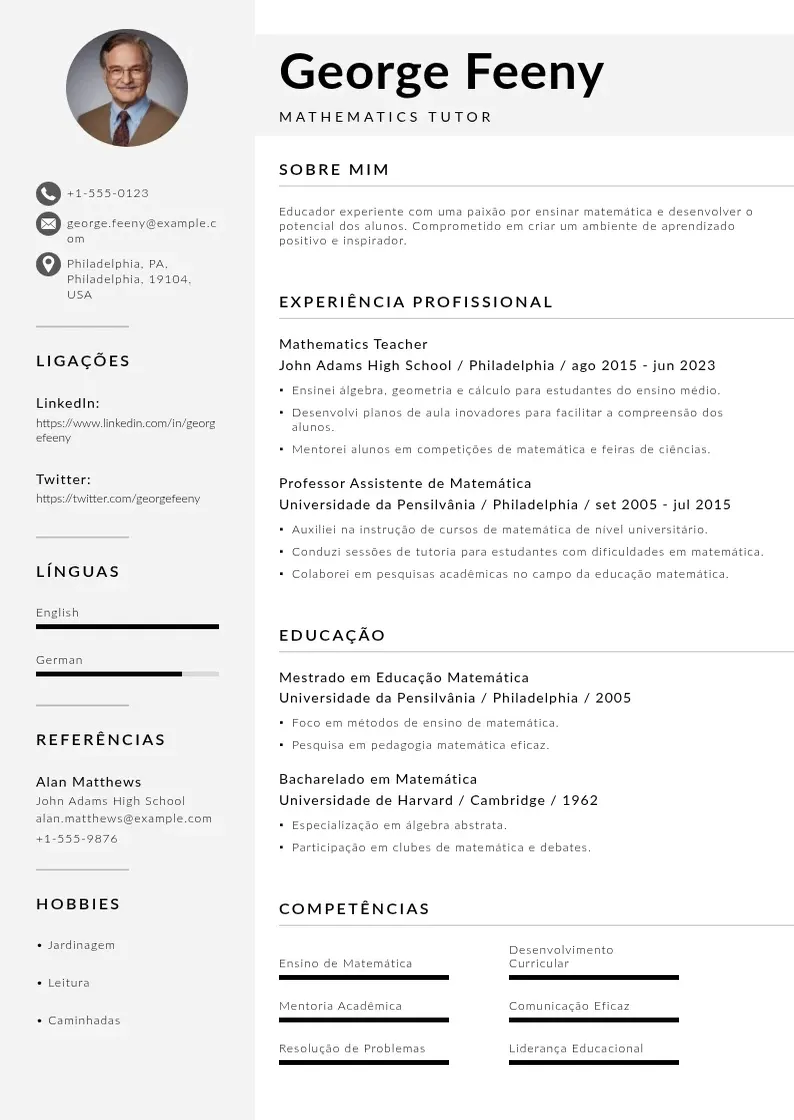 Modelo de currículo moderno de De tutor de matematica