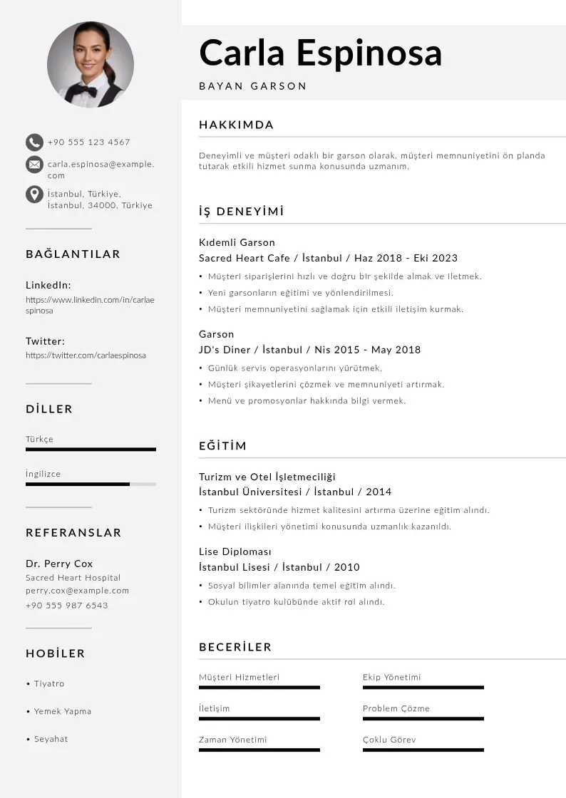 Mūsdienīga Bayan garson ozgecmis CV veidne