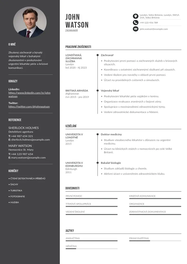 Divu kolonnu Zivotopis zachranar CV piemērs