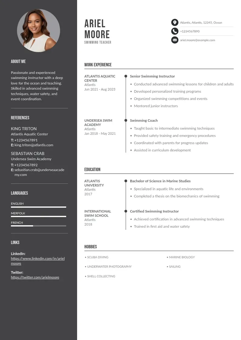 two column swimming-teacher-resume resume example