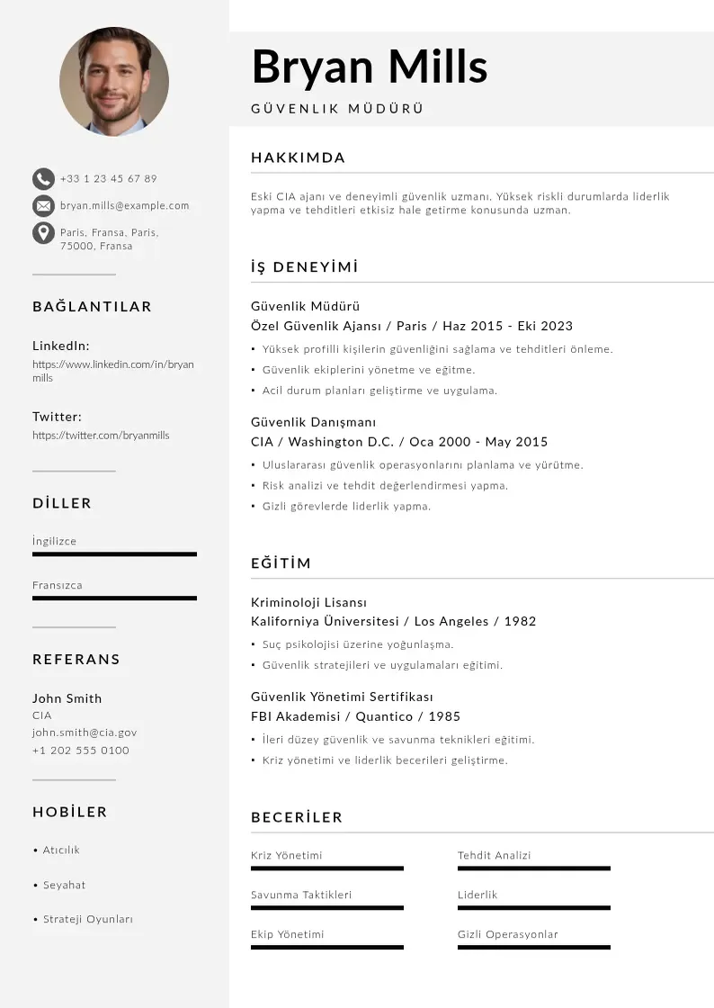 Mūsdienīga Güvenlik Müdürü  CV veidne