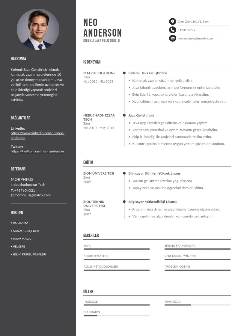 Divu kolonnu Kıdemli Java Geliştiricisi  CV piemērs