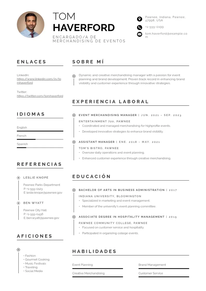 two column encargadoa-de-merchandising-de-eventos resume example