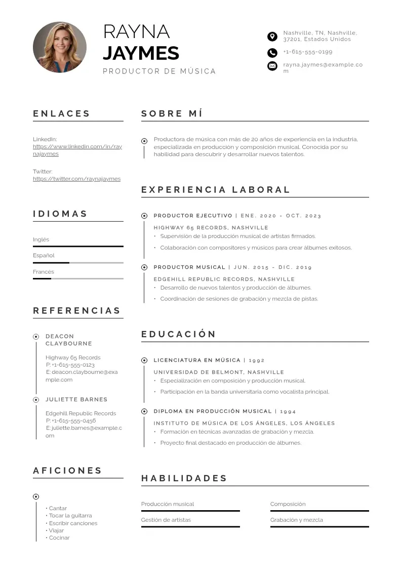 two column productor-de-musica resume example