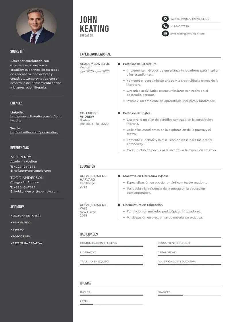 two column cv-educador resume example