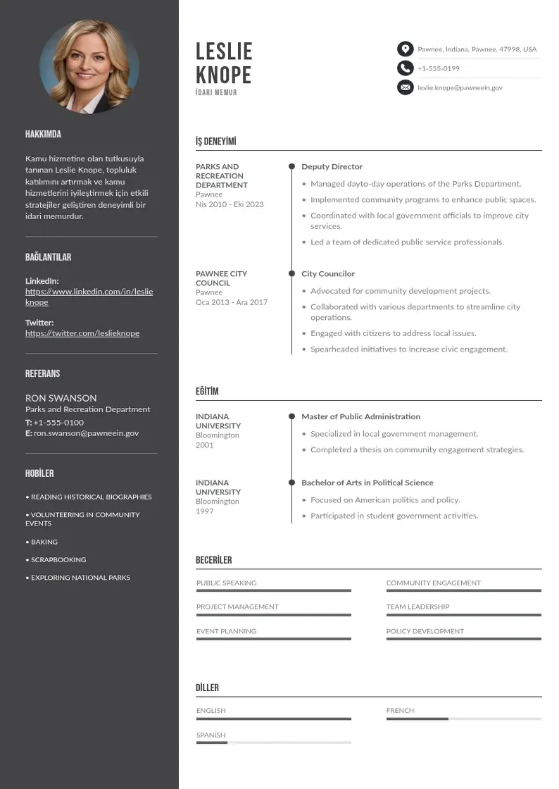 Divu kolonnu İdari Memur  CV piemērs
