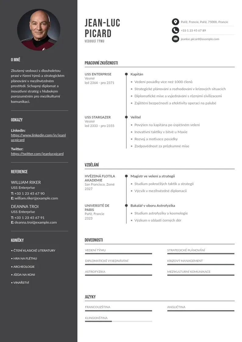 Divu kolonnu Vedouciho tymu zivotopis CV piemērs