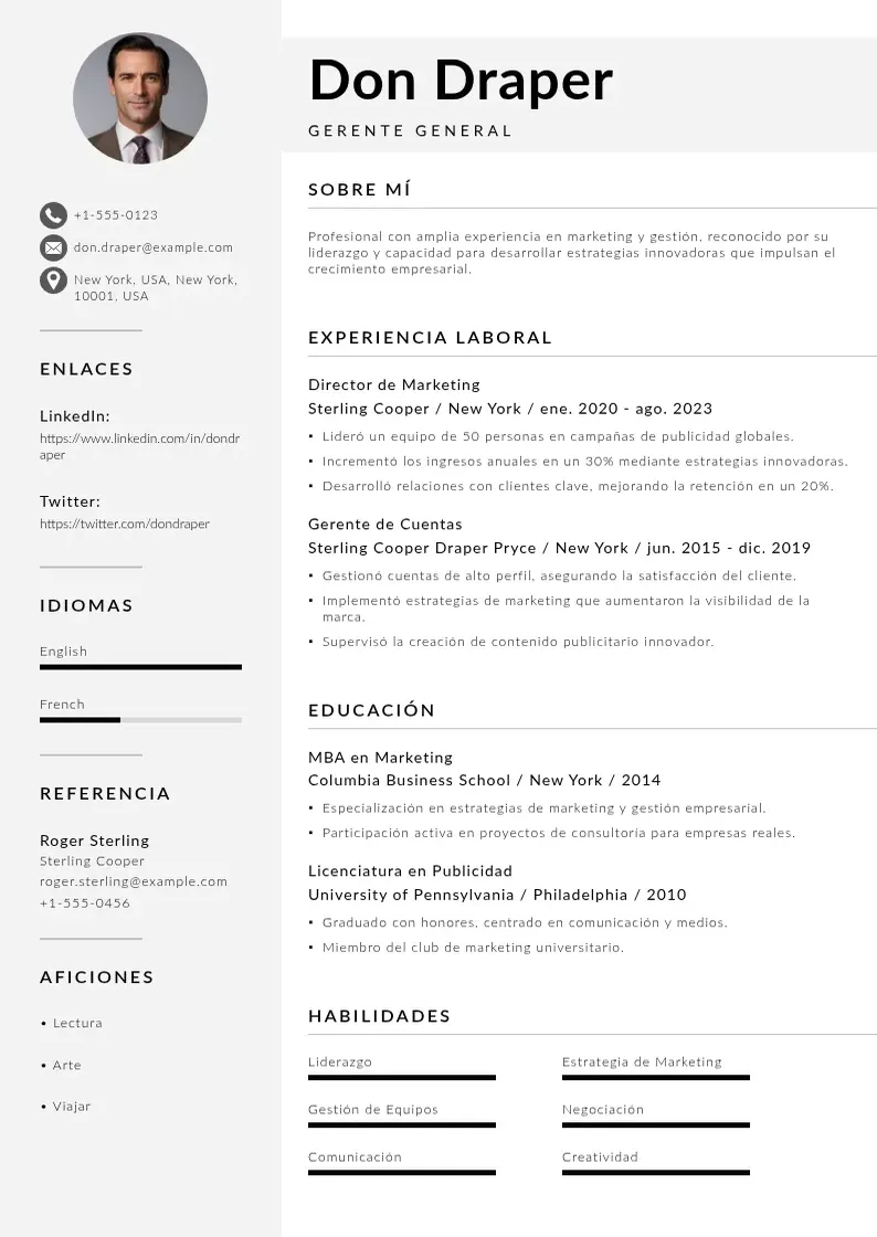 two column cv-gerente-general resume example