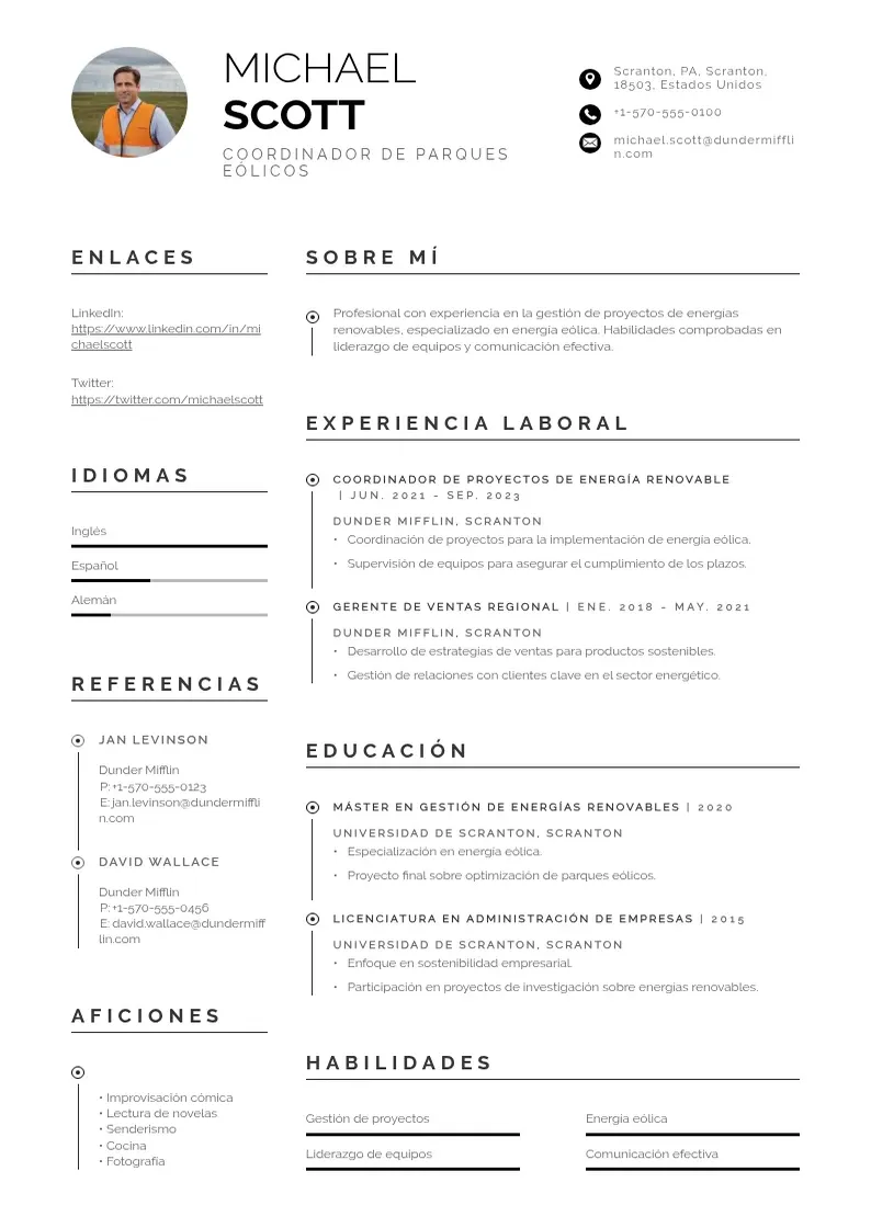 two column coordinador-de-parques-eolicos resume example