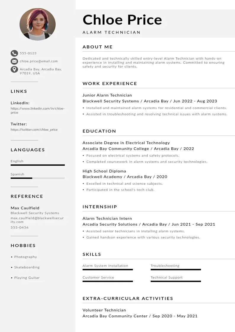modern Alarm Technician  resume template