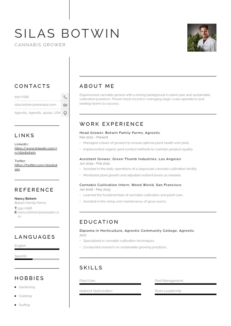 simple Cannabis grower resume resume example