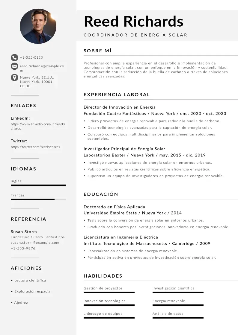 two column coordinador-de-energia-solar resume example