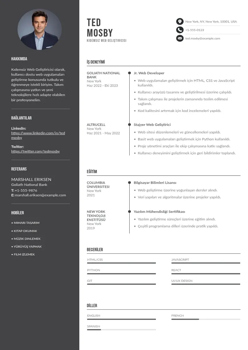 Divu kolonnu Kıdemsiz Web Geliştiricisi  CV piemērs