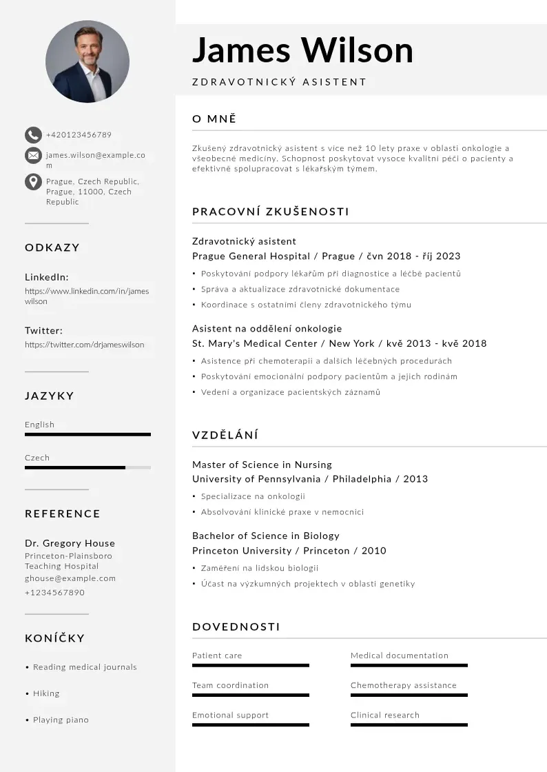 Mūsdienīga Zivotopis zdravotnickeho asistenta CV veidne