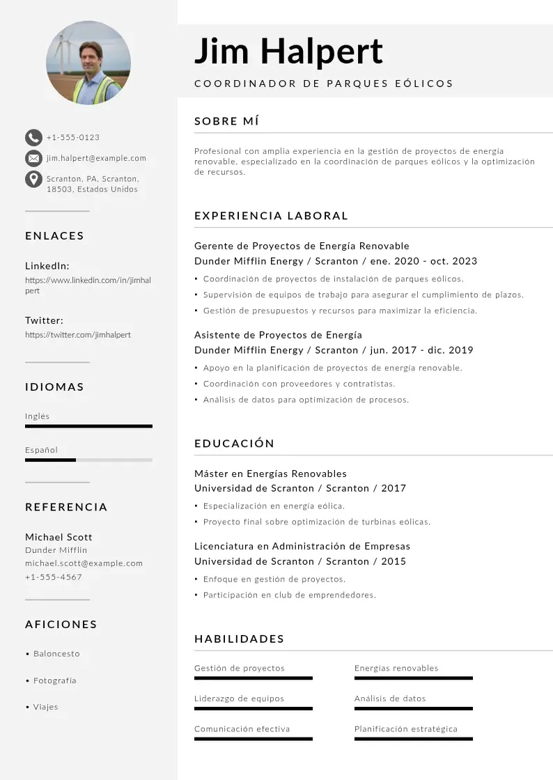 two column coordinador-de-parques-eolicos resume example