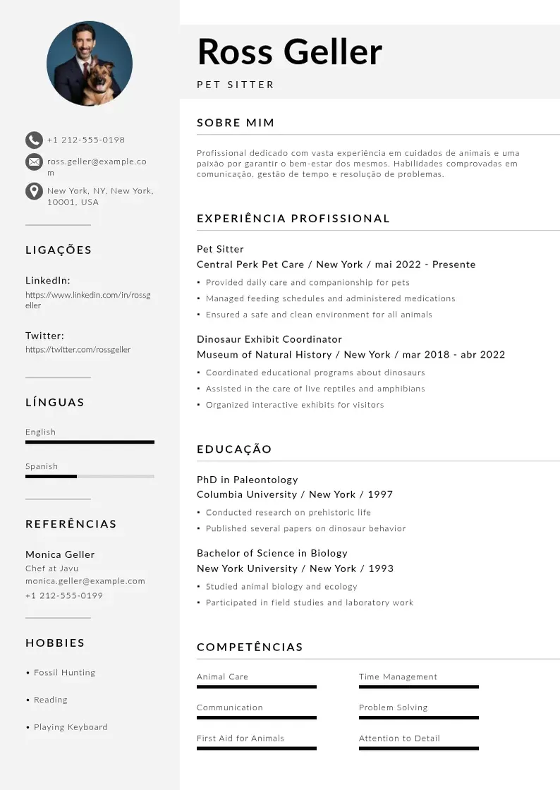 Modelo de currículo moderno de De pet sitter