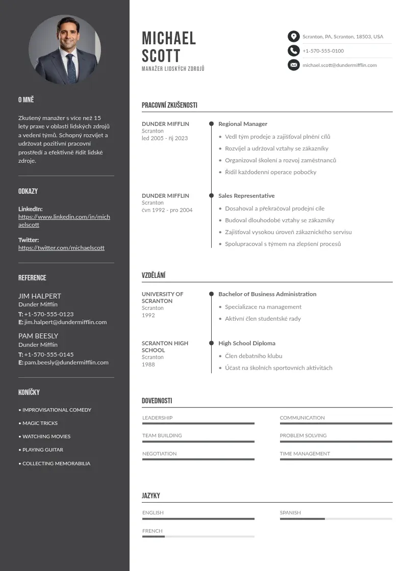 Divu kolonnu Manazer lidskych zdroju zivotopis CV piemērs